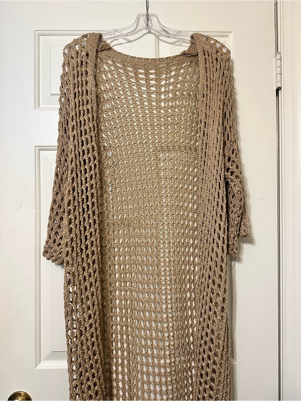 Open Knit Long Duster Cardigan in Taupe